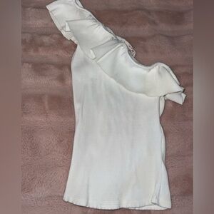 H&M White One Shoulder Ruffle Top | Ribbed Stretch Asymmetrical Blouse | S